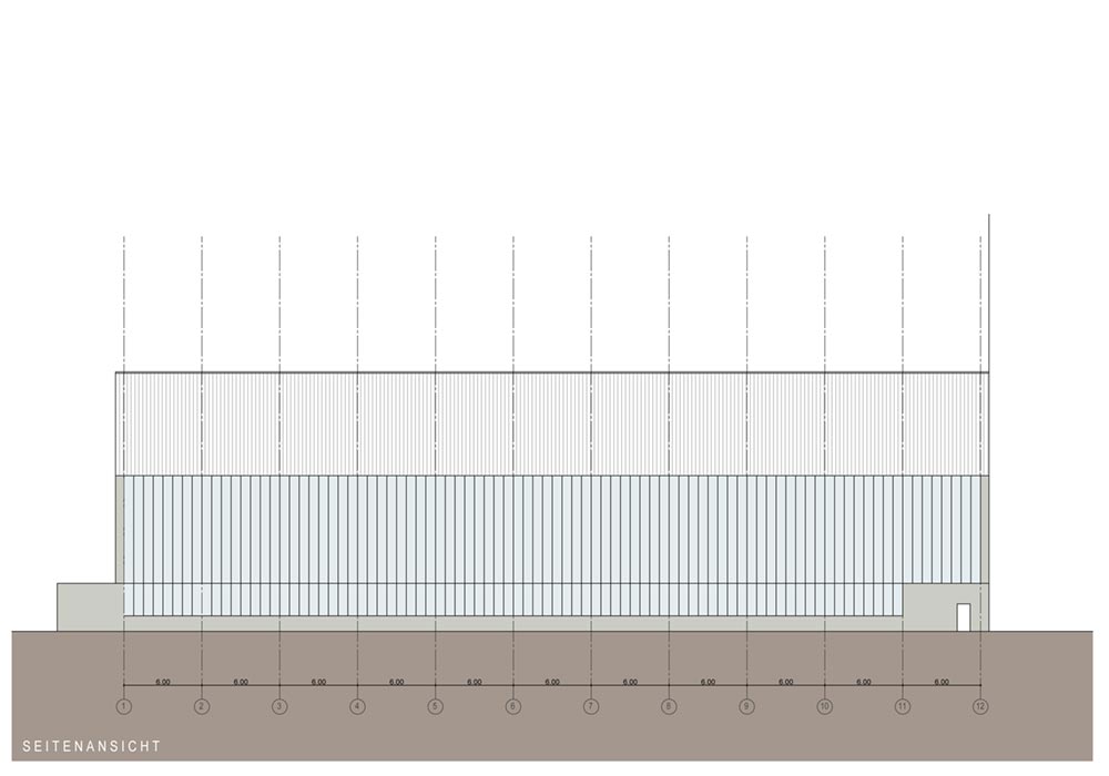 Entwurfszeichnung für eine Montagehalle für Turbinen