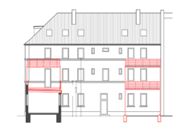 Enturf/Plan für Balkonanbauten an ein Gebäude 