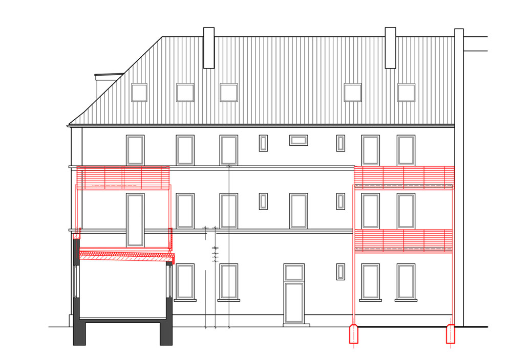 Enturf/Plan für Balkonanbauten an ein Gebäude 