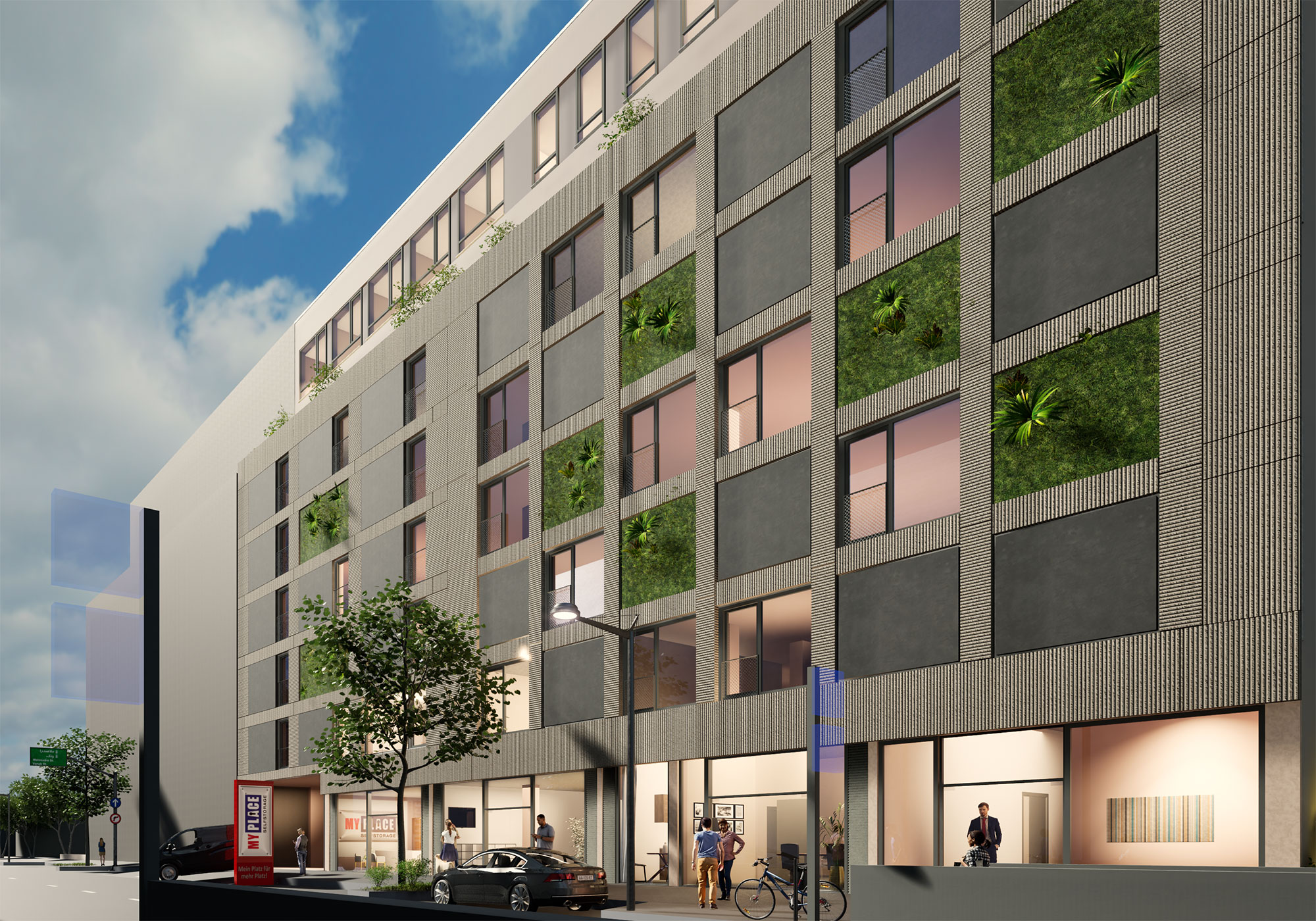 Architekturzeichnung/Rendering für ein mehrstöckiges Gebäude mit Mischnutzung