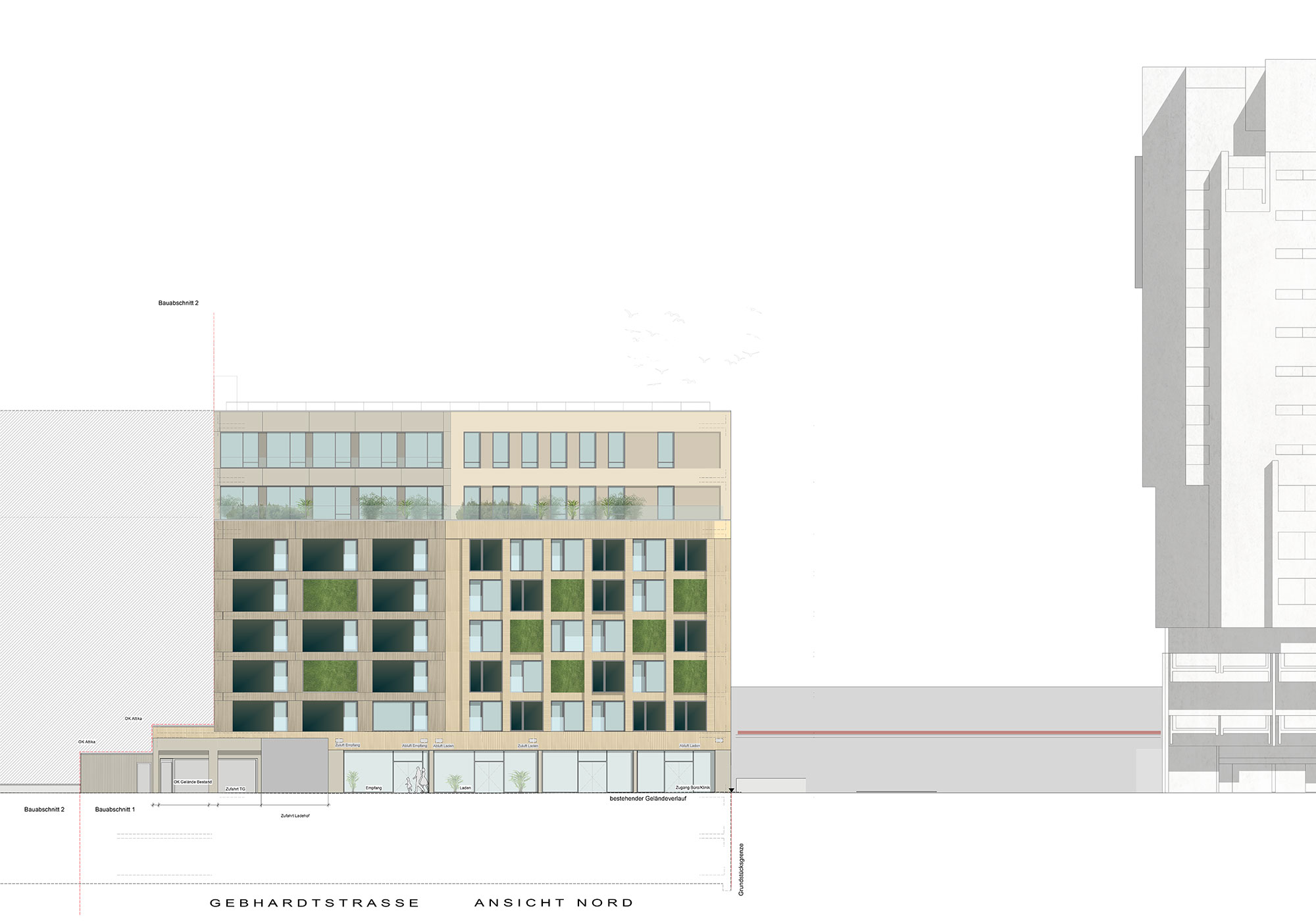Architekturzeichnung/Plan für ein mehrstöckiges Gebäude mit Mischnutzung