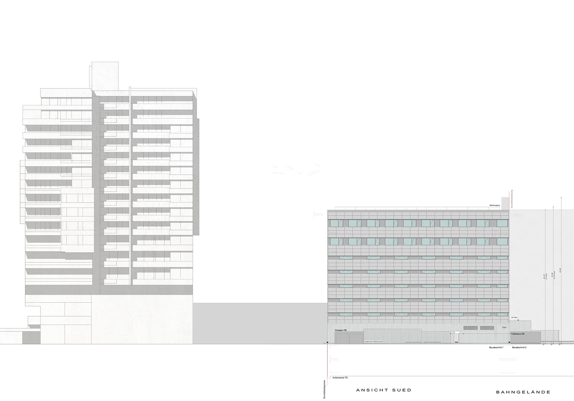 Architekturzeichnung/Plan für ein mehrstöckiges Gebäude mit Mischnutzung